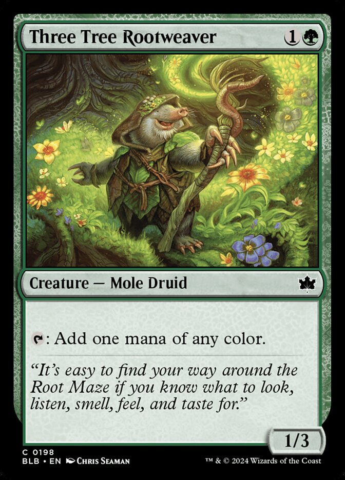 This Is An Image Of The Magic The Gathering Card Three Tree Rootweaver From The Set Bloomburrow - Designed By Artist Chris Seaman