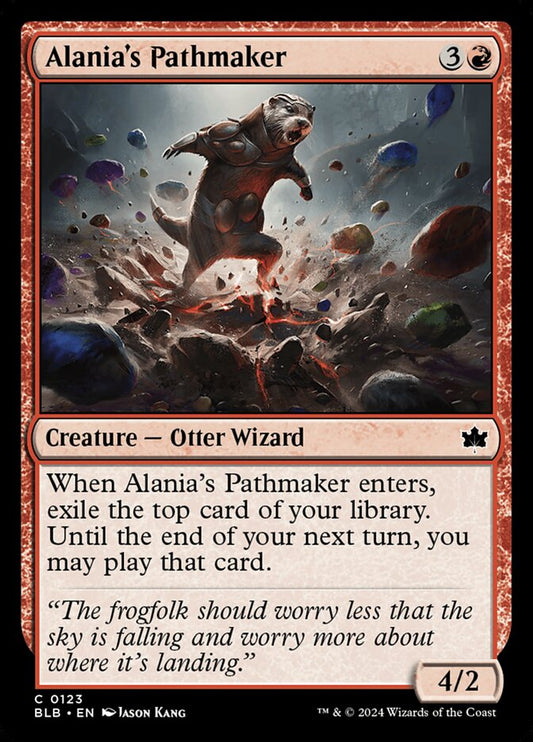 This Is An Image Of The Magic The Gathering Card Alania's Pathmaker From The Set Bloomburrow - Designed By Artist Jason Kang