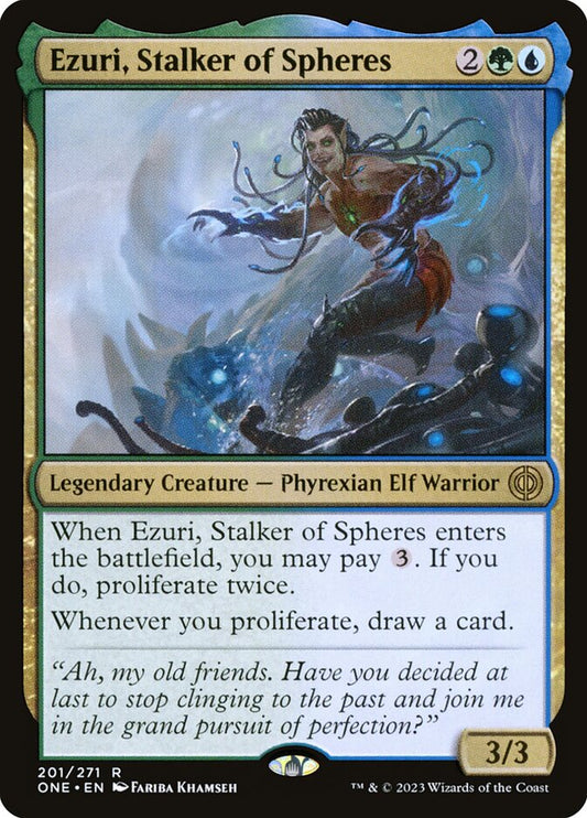 This Is An Image Of The Magic The Gathering Card Ezuri, Stalker of Spheres From The Set Phyrexia: All Will Be One - Designed By Artist Fariba Khamseh