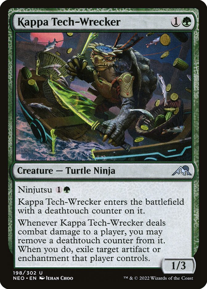 This Is An Image Of The Magic The Gathering Card Kappa Tech-Wrecker From The Set Kamigawa: Neon Dynasty - Designed By Artist Jehan Choo