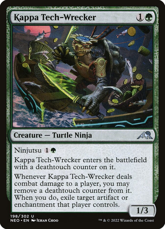 This Is An Image Of The Magic The Gathering Card Kappa Tech-Wrecker From The Set Kamigawa: Neon Dynasty - Designed By Artist Jehan Choo