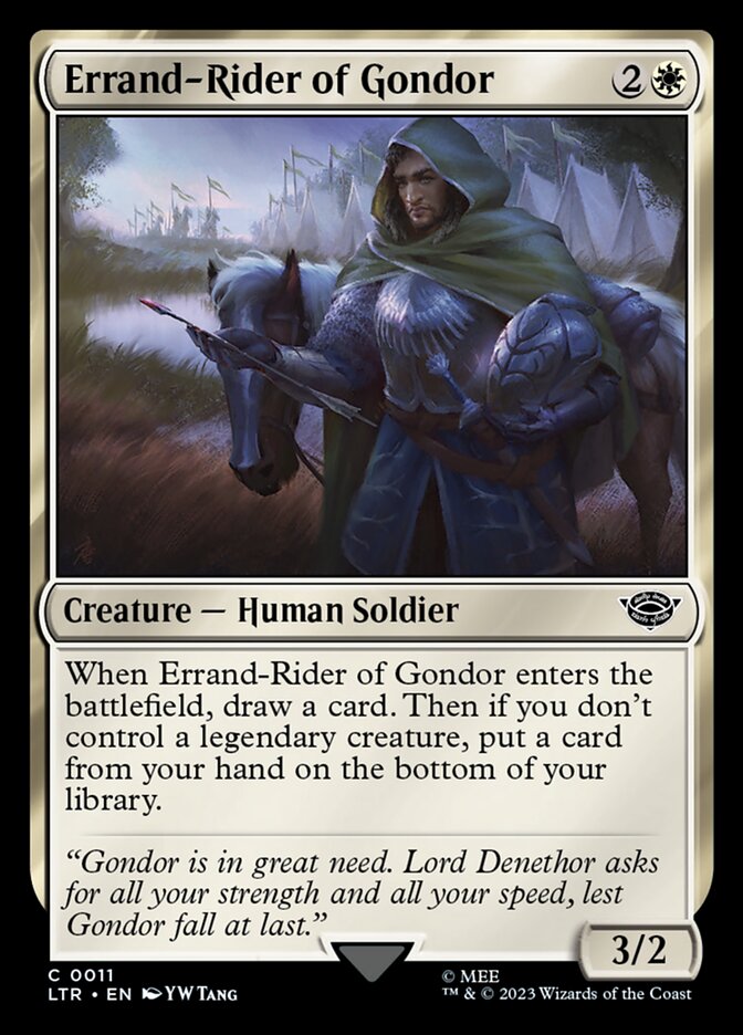 This Is An Image Of The Magic The Gathering Card Errand-Rider of Gondor From The Set The Lord of the Rings: Tales of Middle-earth - Designed By Artist YW Tang