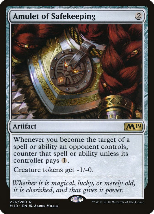 This Is An Image Of The Magic The Gathering Card Amulet of Safekeeping From The Set Core Set 2019 - Designed By Artist Aaron Miller