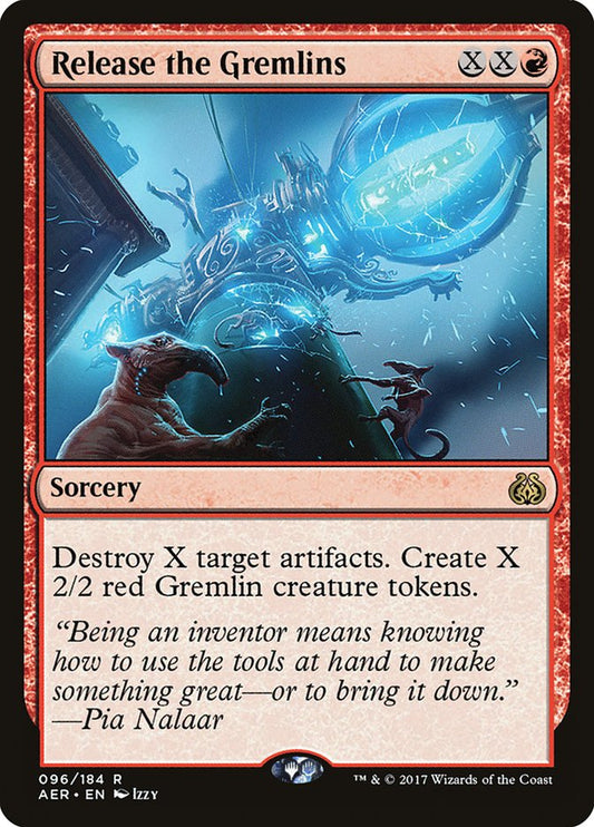 This Is An Image Of The Magic The Gathering Card Release the Gremlins From The Set Aether Revolt - Designed By Artist Izzy