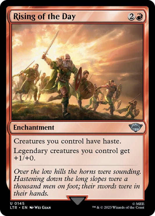 This Is An Image Of The Magic The Gathering Card Rising of the Day From The Set The Lord of the Rings: Tales of Middle-earth - Designed By Artist Wei Guan