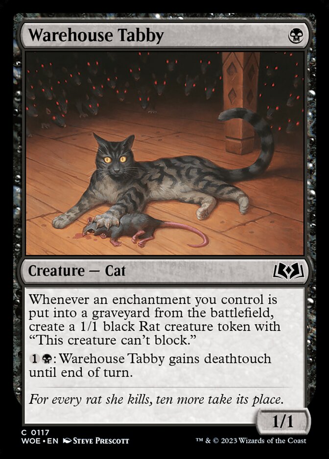 This Is An Image Of The Magic The Gathering Card Warehouse Tabby From The Set Wilds of Eldraine - Designed By Artist Steve Prescott