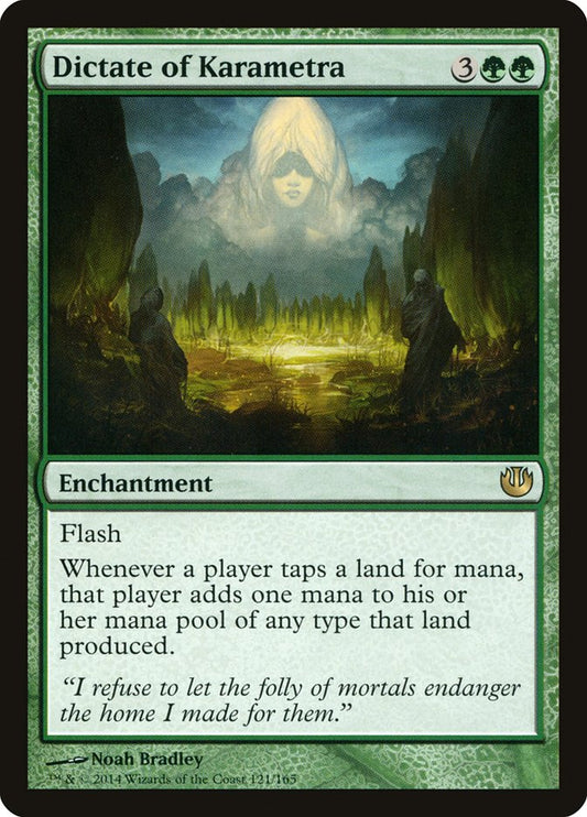 This Is An Image Of The Magic The Gathering Card Dictate of Karametra From The Set Journey into Nyx - Designed By Artist Noah Bradley
