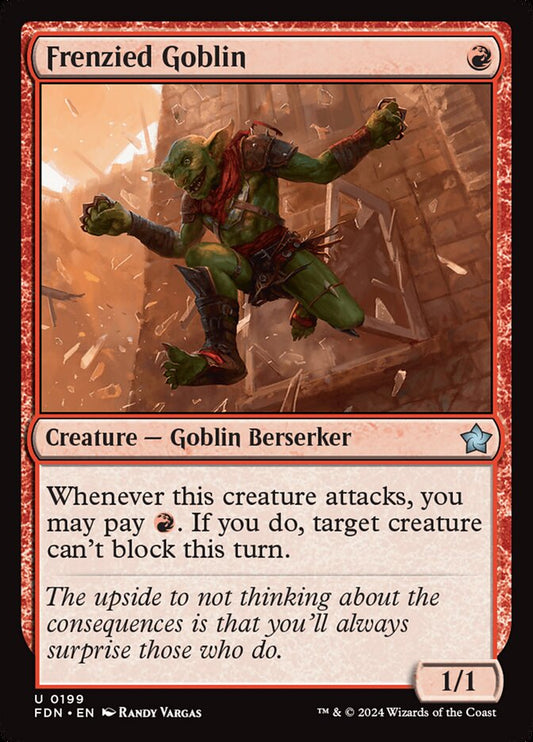 This Is An Image Of The Magic The Gathering Card Frenzied Goblin From The Set Foundations - Designed By Artist Randy Vargas