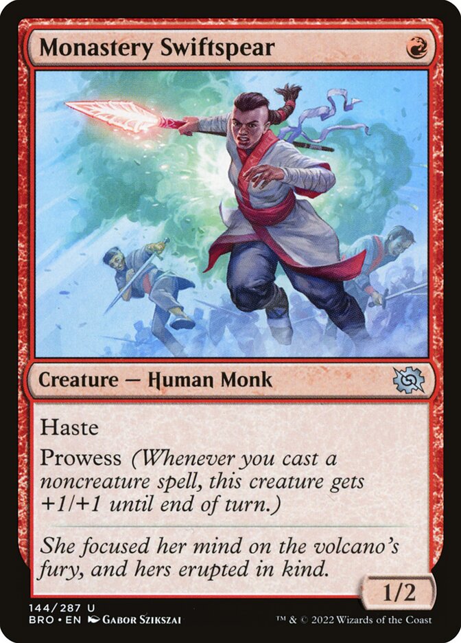 This Is An Image Of The Magic The Gathering Card Monastery Swiftspear From The Set The Brothers' War - Designed By Artist Gabor Szikszai