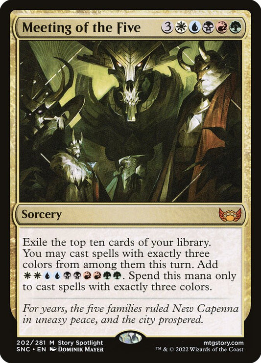 This Is An Image Of The Magic The Gathering Card Meeting of the Five From The Set Streets of New Capenna - Designed By Artist Dominik Mayer