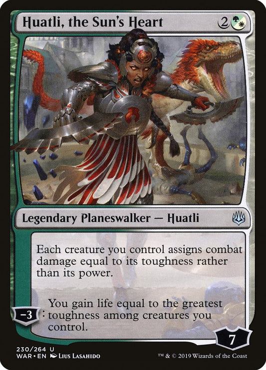 This Is An Image Of The Magic The Gathering Card Huatli, the Sun's Heart From The Set War of the Spark - Designed By Artist Lius Lasahido