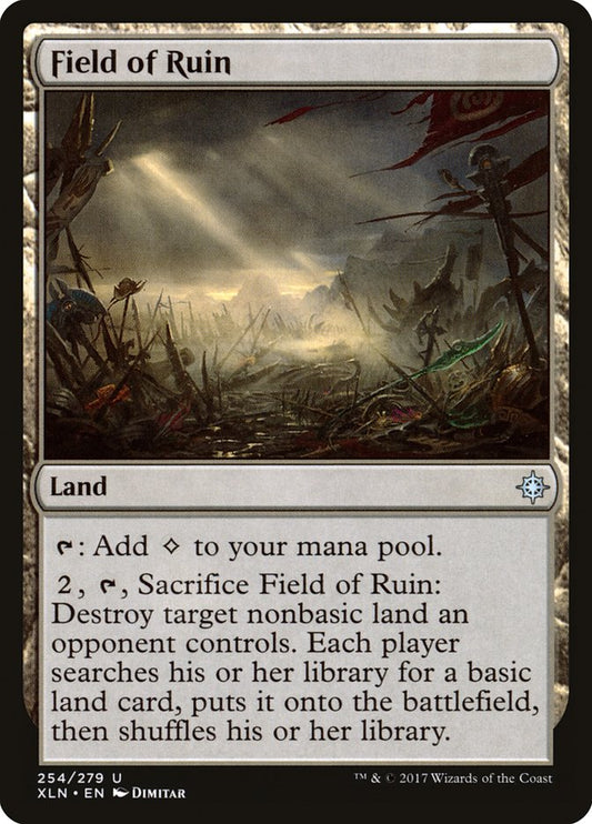 This Is An Image Of The Magic The Gathering Card Field of Ruin From The Set March of the Machine Commander - Designed By Artist Chris Ostrowski