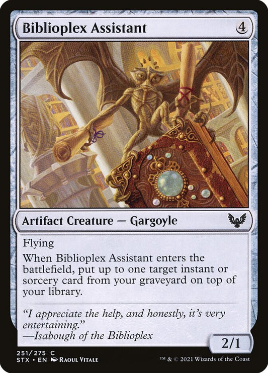 This Is An Image Of The Magic The Gathering Card Biblioplex Assistant From The Set Strixhaven: School of Mages - Designed By Artist Raoul Vitale