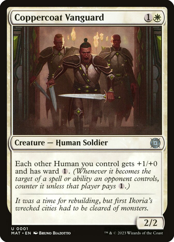 This Is An Image Of The Magic The Gathering Card Coppercoat Vanguard From The Set March of the Machine: The Aftermath - Designed By Artist Bruno Biazotto