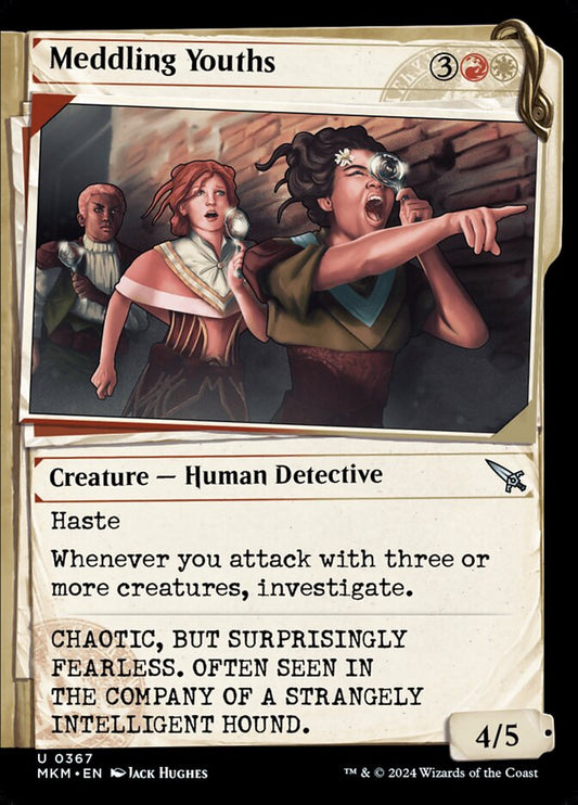 This Is An Image Of The Magic The Gathering Card Meddling Youths From The Set Murders at Karlov Manor - Designed By Artist Matt Forsyth