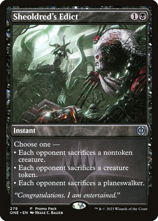 This Is An Image Of The Magic The Gathering Card Sheoldred's Edict From The Set Phyrexia: All Will Be One - Designed By Artist Helge C. Balzer