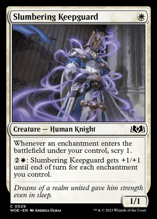 This Is An Image Of The Magic The Gathering Card Slumbering Keepguard From The Set Wilds of Eldraine - Designed By Artist Andreia Ugrai