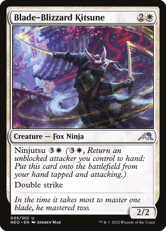 This Is An Image Of The Magic The Gathering Card Blade-Blizzard Kitsune From The Set Kamigawa: Neon Dynasty - Designed By Artist Andrew Mar