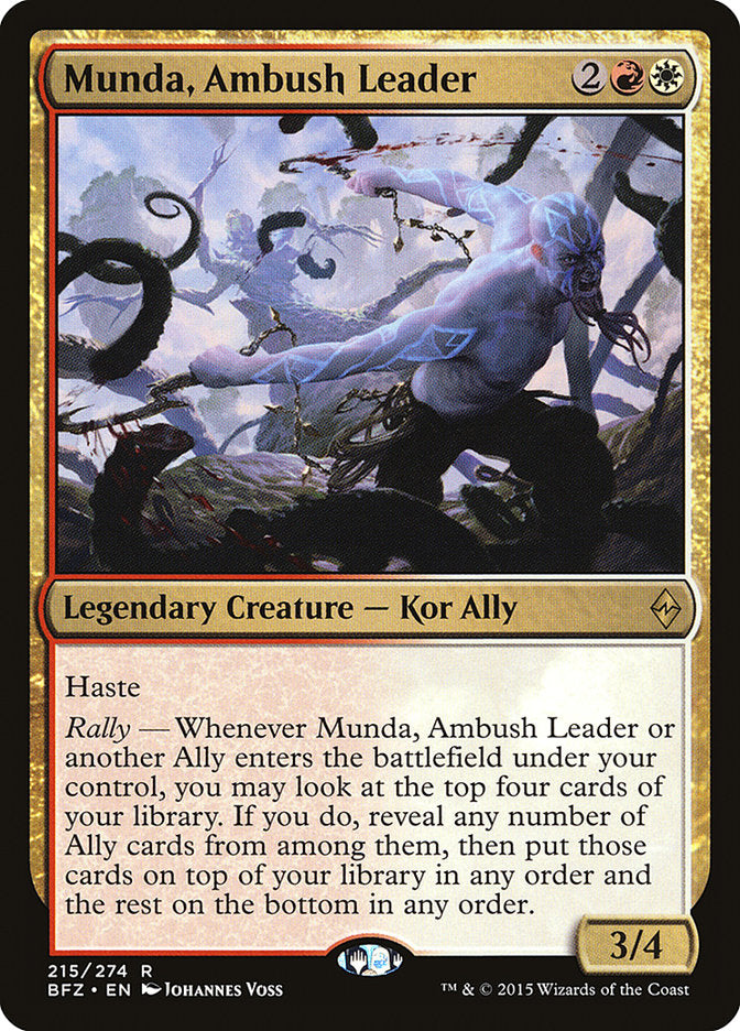 This Is An Image Of The Magic The Gathering Card Munda, Ambush Leader From The Set Battle for Zendikar - Designed By Artist Johannes Voss