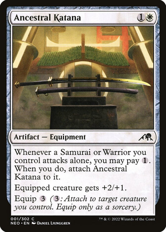This Is An Image Of The Magic The Gathering Card Ancestral Katana From The Set Kamigawa: Neon Dynasty - Designed By Artist Daniel Ljunggren