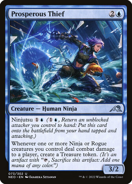 This Is An Image Of The Magic The Gathering Card Prosperous Thief From The Set Kamigawa: Neon Dynasty - Designed By Artist Fajareka Setiawan