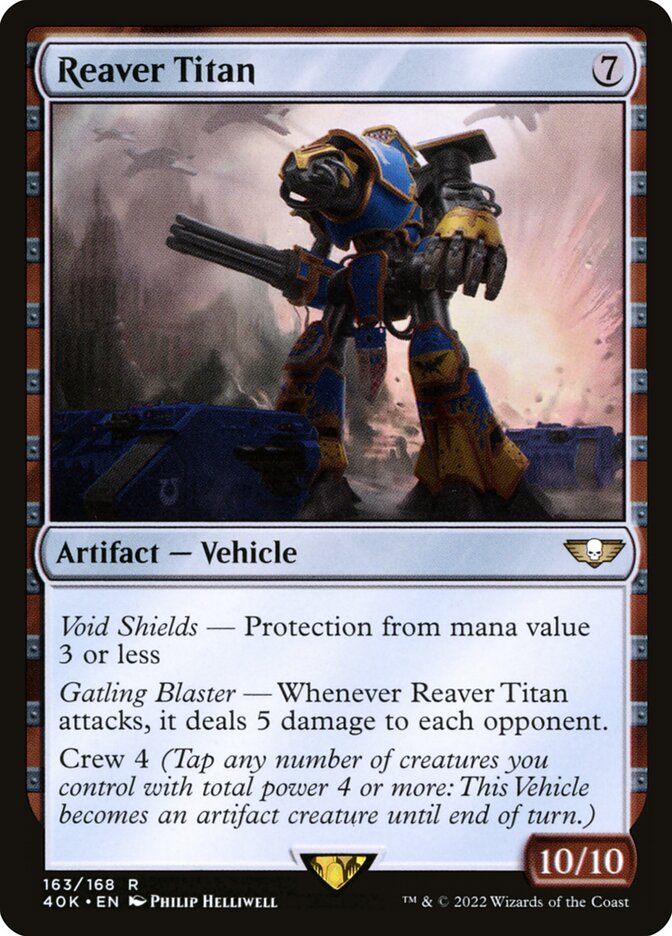 This Is An Image Of The Magic The Gathering Card Reaver Titan From The Set Warhammer 40,000 Commander - Designed By Artist Philip Helliwell