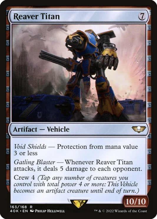 This Is An Image Of The Magic The Gathering Card Reaver Titan From The Set Warhammer 40,000 Commander - Designed By Artist Philip Helliwell