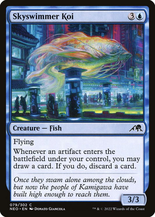 This Is An Image Of The Magic The Gathering Card Skyswimmer Koi From The Set Kamigawa: Neon Dynasty - Designed By Artist Donato Giancola