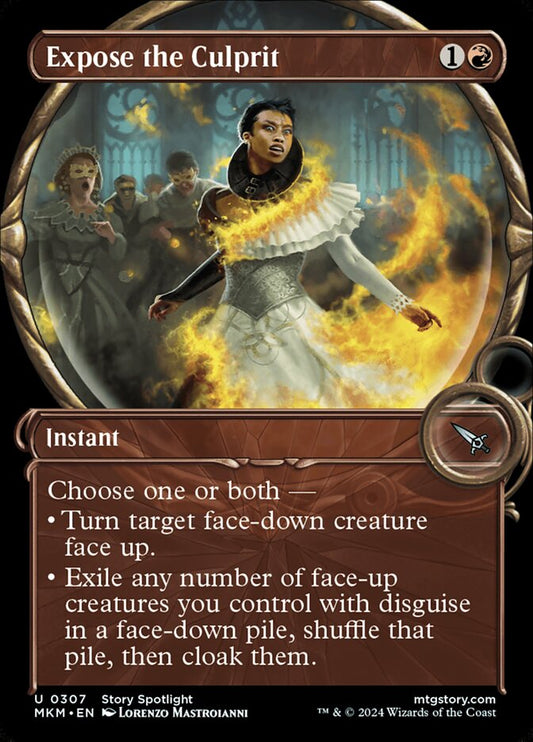 This Is An Image Of The Magic The Gathering Card Expose the Culprit From The Set Murders at Karlov Manor - Designed By Artist Ryan Valle