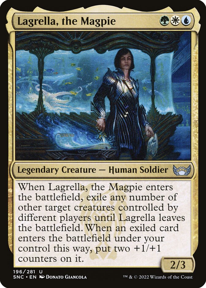 This Is An Image Of The Magic The Gathering Card Lagrella, the Magpie From The Set Streets of New Capenna - Designed By Artist Donato Giancola