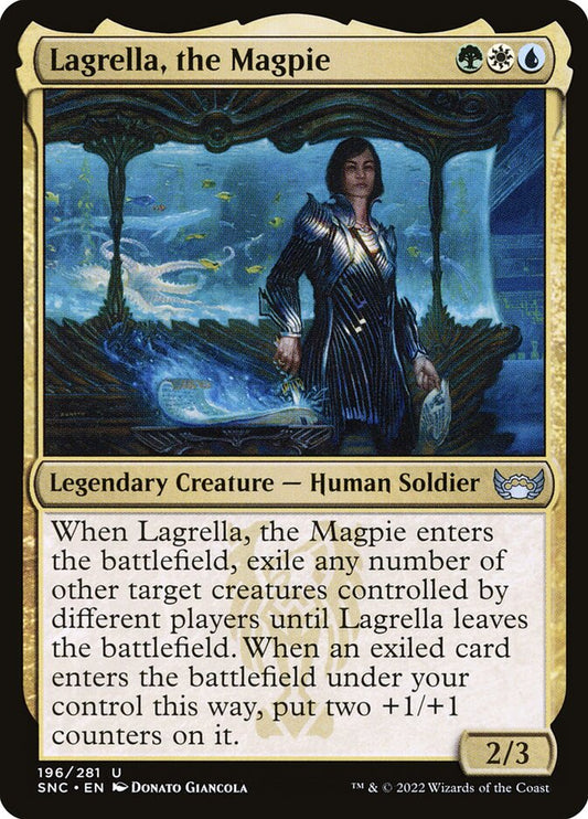 This Is An Image Of The Magic The Gathering Card Lagrella, the Magpie From The Set Streets of New Capenna - Designed By Artist Donato Giancola