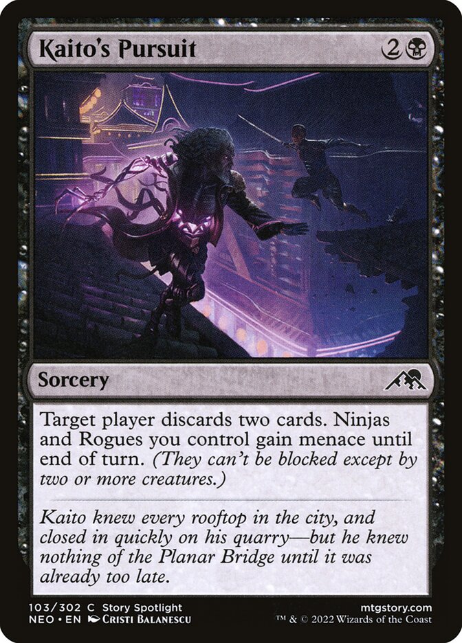 This Is An Image Of The Magic The Gathering Card Kaito's Pursuit From The Set Kamigawa: Neon Dynasty - Designed By Artist Cristi Balanescu