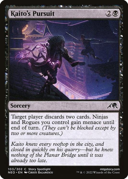 This Is An Image Of The Magic The Gathering Card Kaito's Pursuit From The Set Kamigawa: Neon Dynasty - Designed By Artist Cristi Balanescu