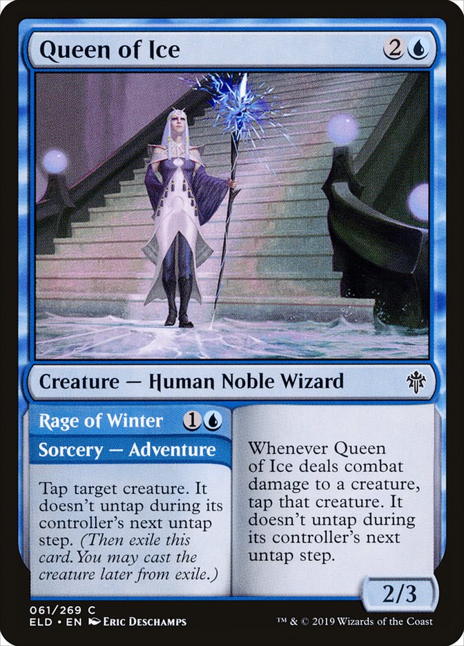 This Is An Image Of The Magic The Gathering Card Queen of Ice // Rage of Winter From The Set Throne of Eldraine - Designed By Artist Eric Deschamps