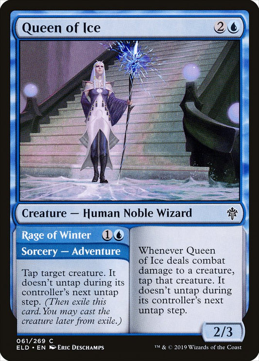 This Is An Image Of The Magic The Gathering Card Queen of Ice // Rage of Winter From The Set Throne of Eldraine - Designed By Artist Eric Deschamps