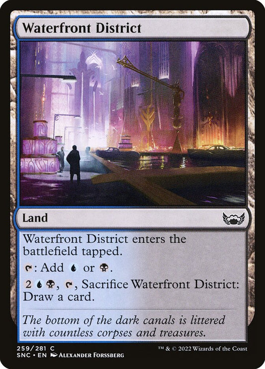 This Is An Image Of The Magic The Gathering Card Waterfront District From The Set Streets of New Capenna - Designed By Artist Alexander Forssberg