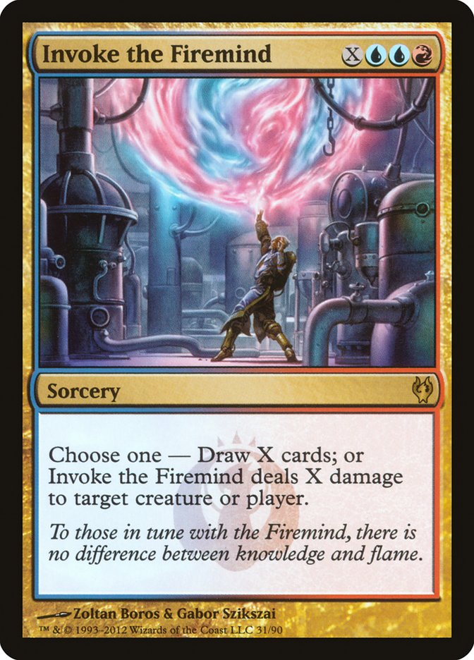 This Is An Image Of The Magic The Gathering Card Invoke the Firemind From The Set Duel Decks: Izzet vs. Golgari - Designed By Artist Zoltan Boros & Gabor Szikszai