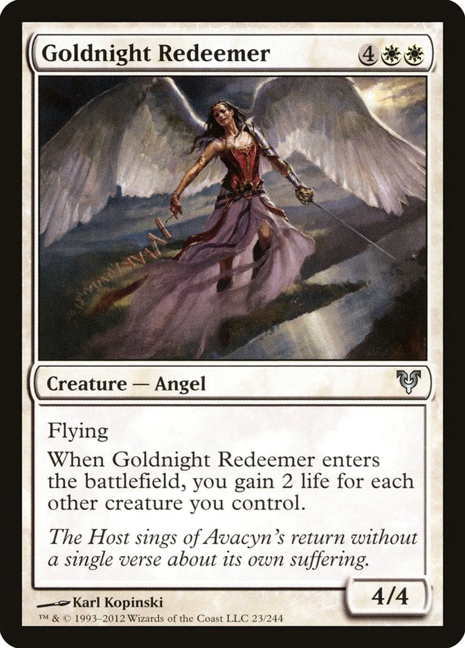 This Is An Image Of The Magic The Gathering Card Goldnight Redeemer From The Set Duel Decks: Blessed vs. Cursed - Designed By Artist Karl Kopinski