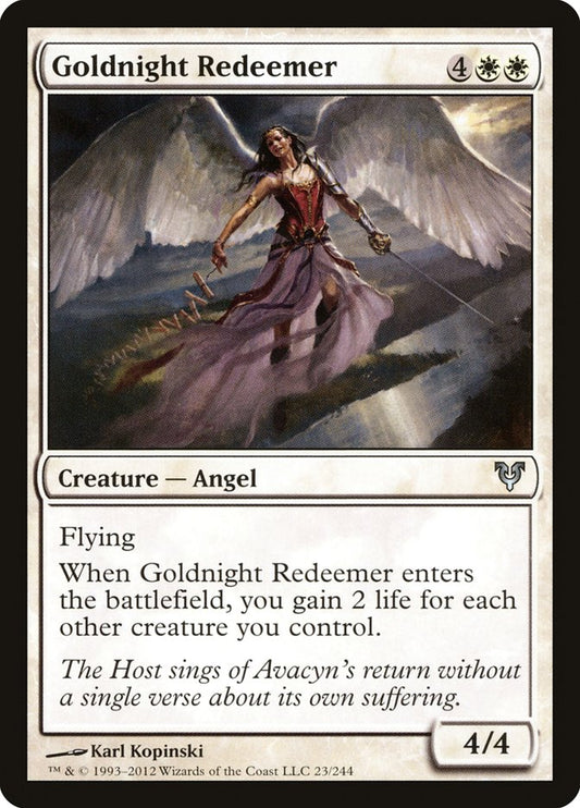 This Is An Image Of The Magic The Gathering Card Goldnight Redeemer From The Set Duel Decks: Blessed vs. Cursed - Designed By Artist Karl Kopinski