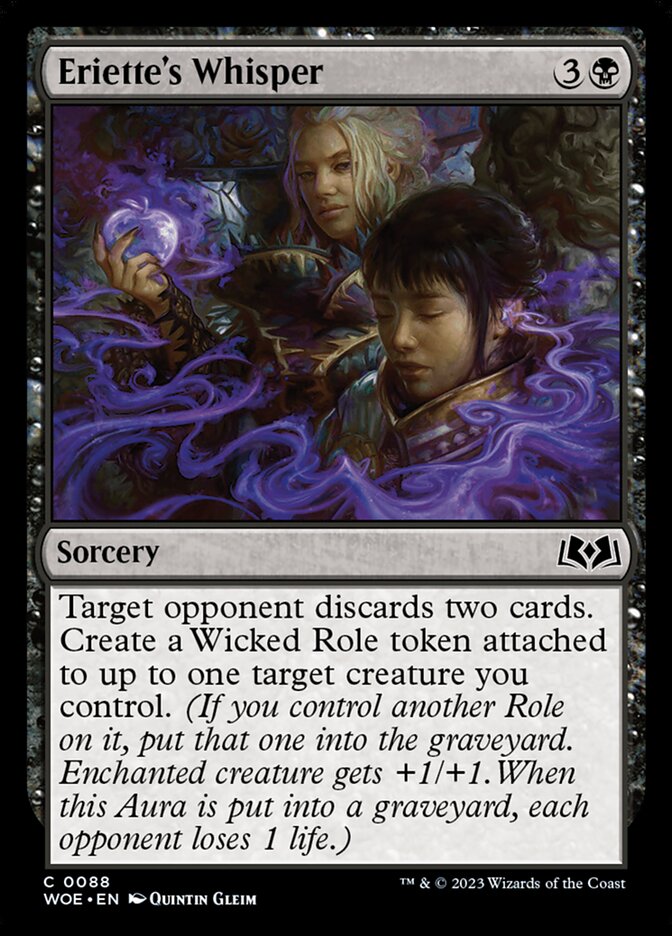 This Is An Image Of The Magic The Gathering Card Eriette's Whisper From The Set Wilds of Eldraine - Designed By Artist Quintin Gleim