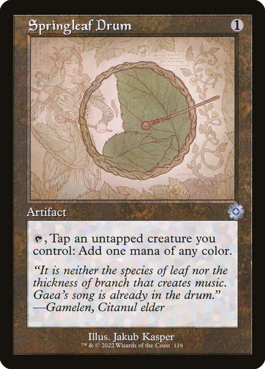 This Is An Image Of The Magic The Gathering Card Springleaf Drum From The Set Double Masters - Designed By Artist Seb McKinnon