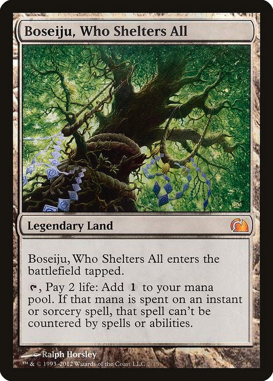 This Is An Image Of The Magic The Gathering Card Boseiju, Who Shelters All From The Set Champions of Kamigawa - Designed By Artist Ralph Horsley