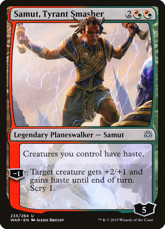 This Is An Image Of The Magic The Gathering Card Samut, Tyrant Smasher From The Set War of the Spark - Designed By Artist Aleksi Briclot