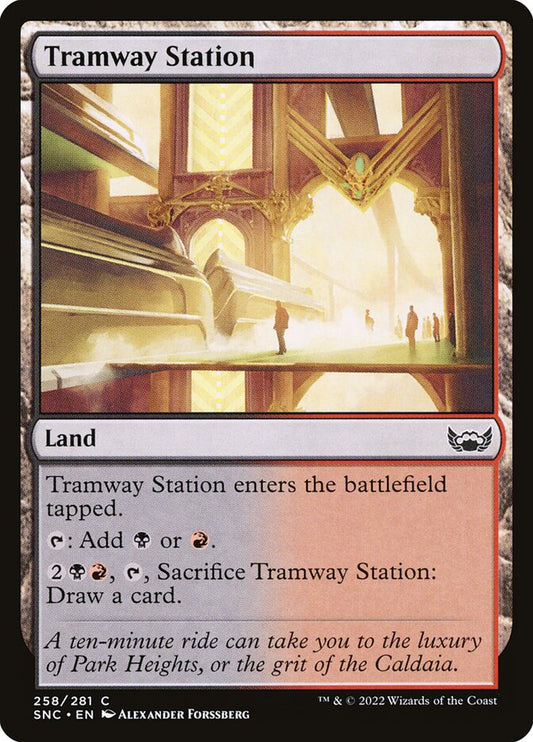 This Is An Image Of The Magic The Gathering Card Tramway Station From The Set Streets of New Capenna - Designed By Artist Alexander Forssberg