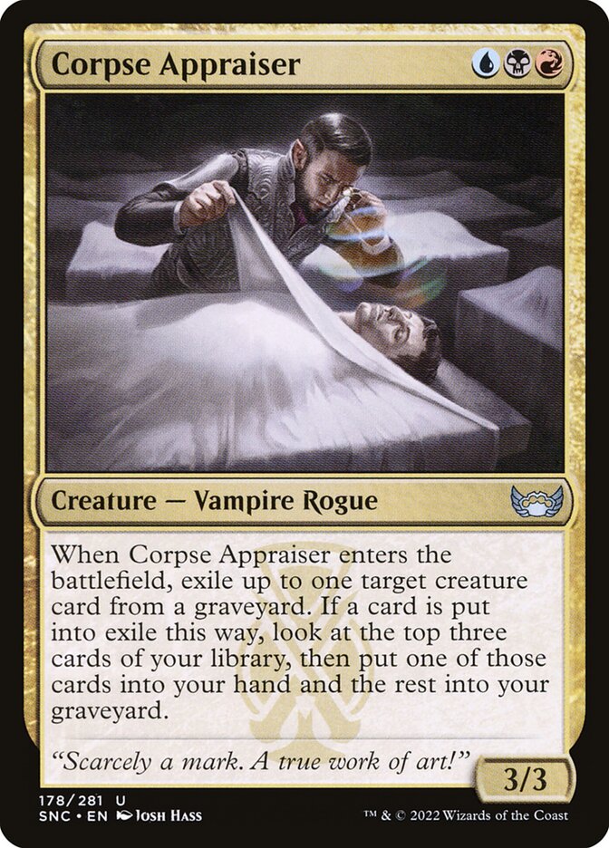 This Is An Image Of The Magic The Gathering Card Corpse Appraiser From The Set Streets of New Capenna - Designed By Artist Josh Hass