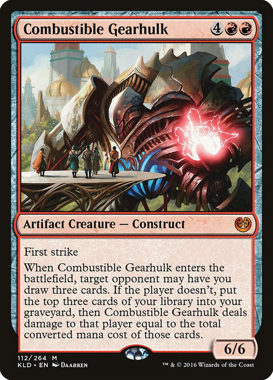 This Is An Image Of The Magic The Gathering Card Combustible Gearhulk From The Set Duskmourn: House of Horror Commander - Designed By Artist Daarken