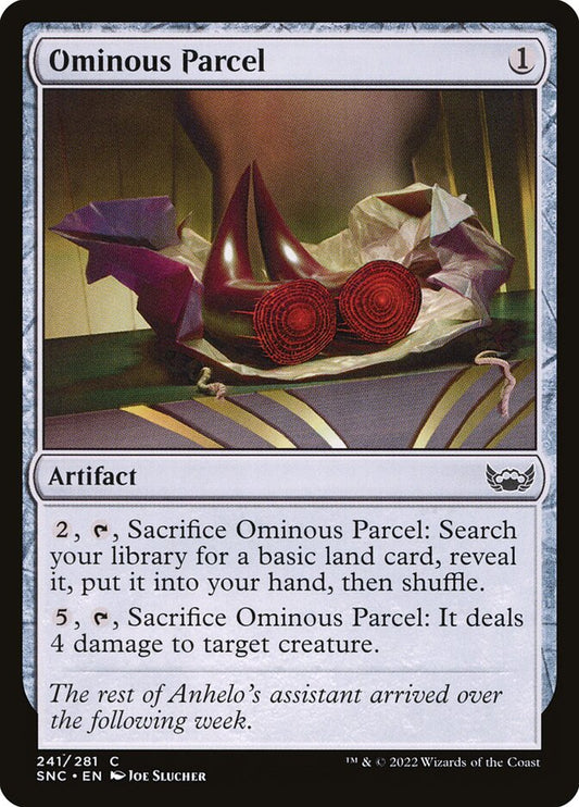 This Is An Image Of The Magic The Gathering Card Ominous Parcel From The Set Streets of New Capenna - Designed By Artist Joe Slucher