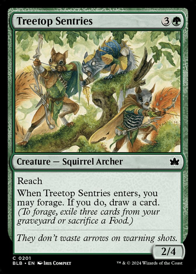 This Is An Image Of The Magic The Gathering Card Treetop Sentries From The Set Bloomburrow - Designed By Artist Iris Compiet