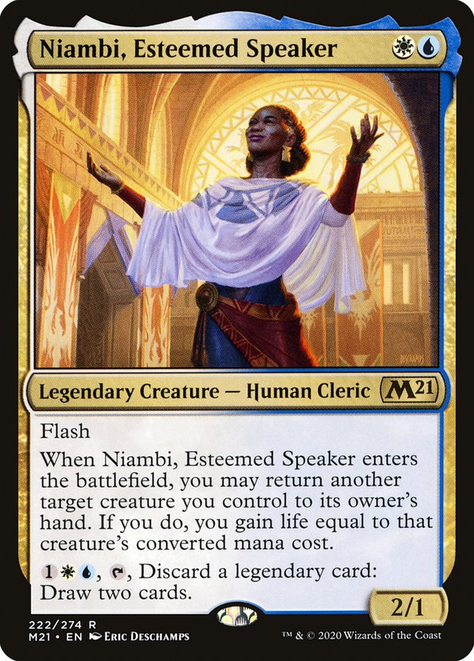 This Is An Image Of The Magic The Gathering Card Niambi, Esteemed Speaker From The Set Core Set 2021 - Designed By Artist Eric Deschamps