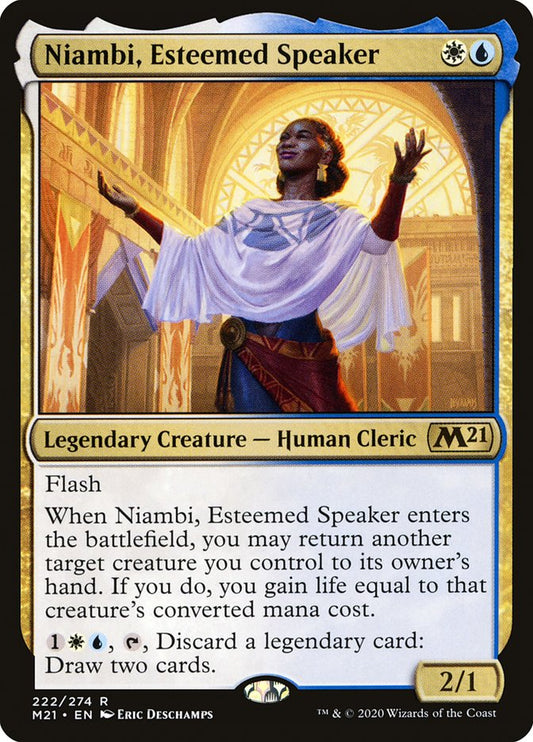 This Is An Image Of The Magic The Gathering Card Niambi, Esteemed Speaker From The Set Core Set 2021 - Designed By Artist Eric Deschamps